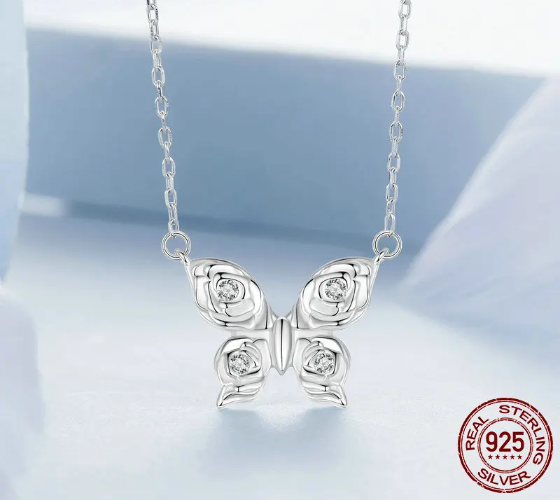 Romantic Elegance: Zircon White Gold Plated Rose Butterfly Sterling Silver Necklace - Necklaces