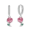 Romantic Rose Sterling Silver Hoop Earrings With Green Accents Drop