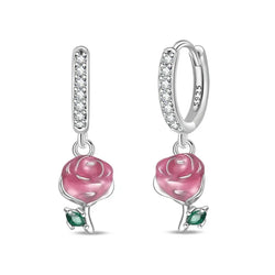 Romantic Rose Sterling Silver Hoop Earrings With Green Accents Drop