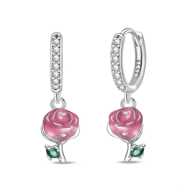 Romantic Rose Sterling Silver Hoop Earrings With Green Accents - Drop