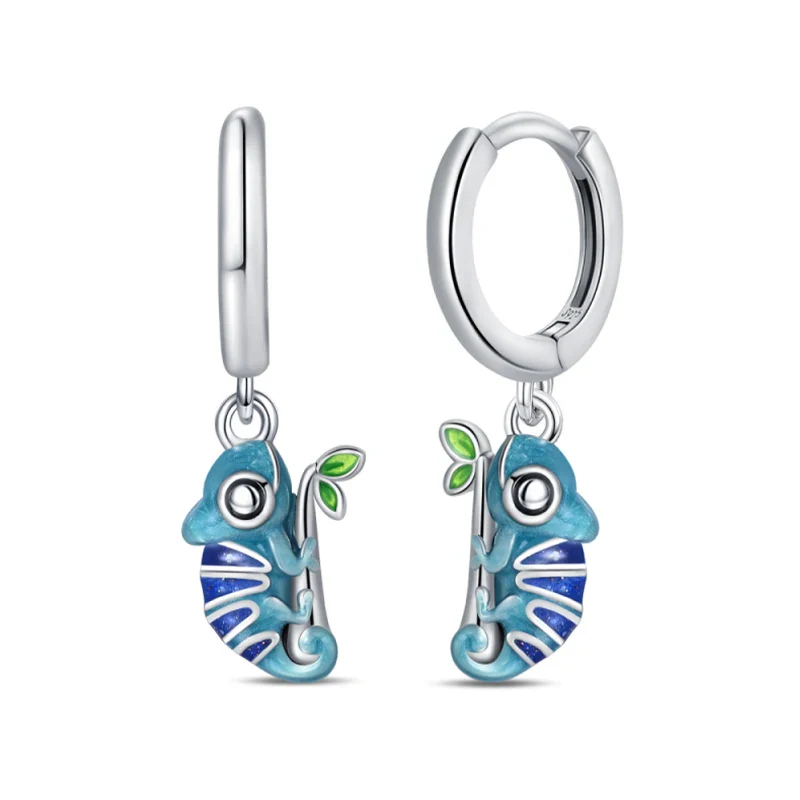 Chameleon Charm Sterling Silver Hoop Earrings - Drop