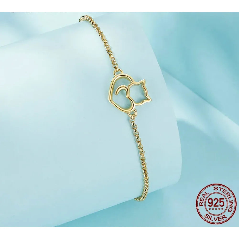 925 Sterling Silver Cat & Heart Link Chain Bracelets | Authentic jewellery Gift in 3 Colors