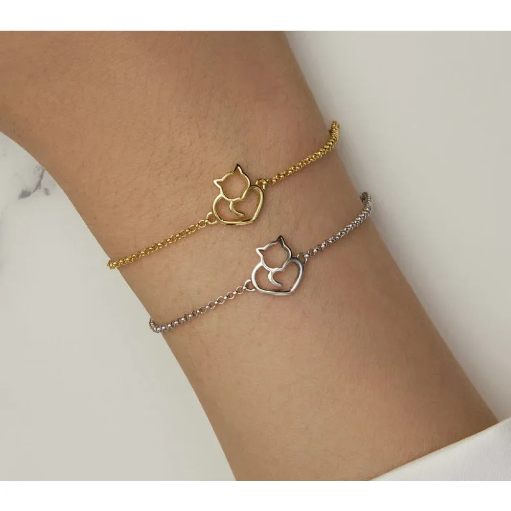 925 Sterling Silver Cat & Heart Link Chain Bracelets | Authentic jewellery Gift in 3 Colors