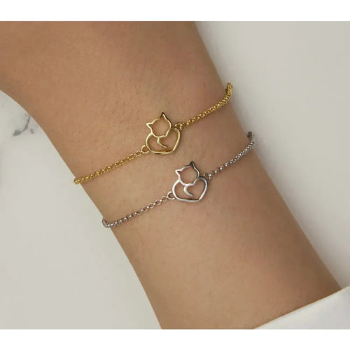 925 Sterling Silver Cat & Heart Link Chain Bracelets | Authentic Jewelry Gift In 3 Colors