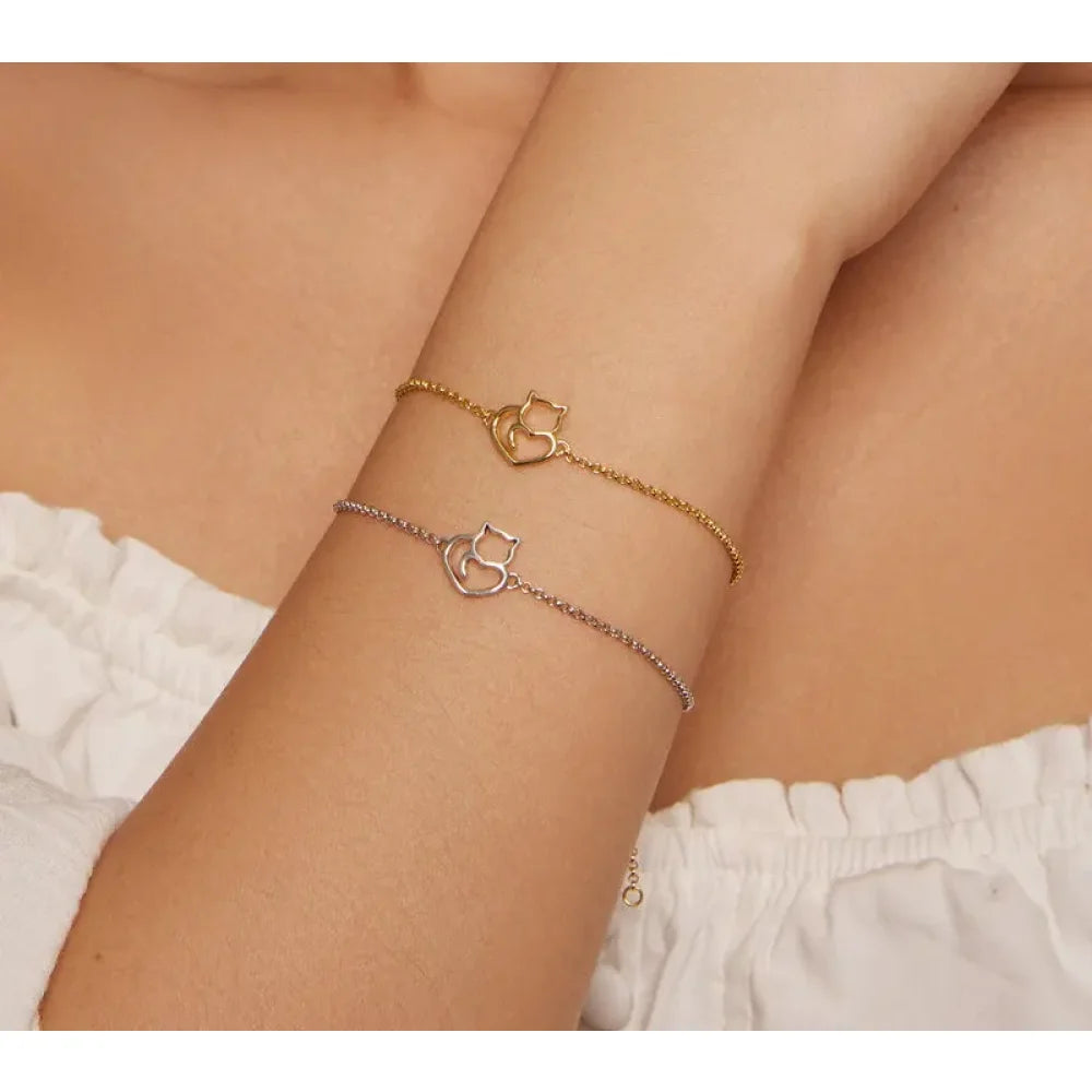 925 Sterling Silver Cat & Heart Link Chain Bracelets | Authentic jewellery Gift in 3 Colors